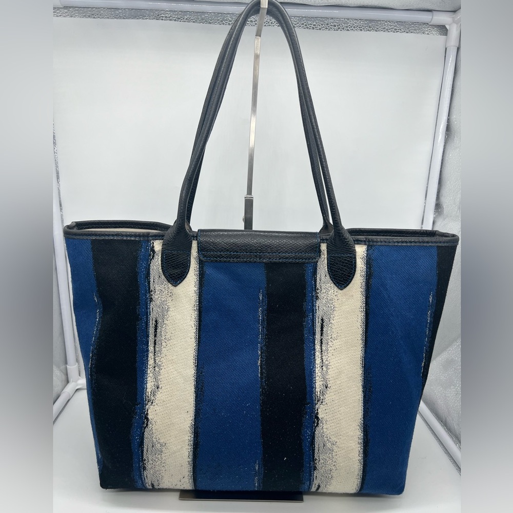 LONGCHAMP Coup De Pinceau EW Tote Blue Striped Canvas Leather Trim Shoulder Bag - Picture 10 of 17